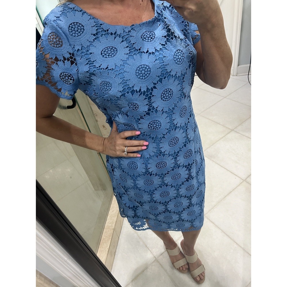 Talbots Blue Lace Sheath Dress Womens 14 Short Sleeve Wedding Party Formal V-Nck